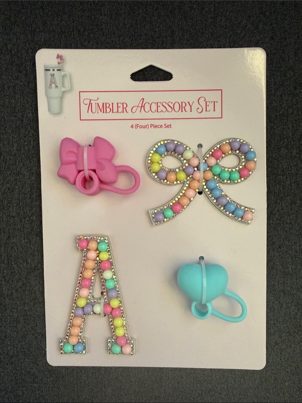 NWT Girly Tumbler Accessory Set – Bow, Initial A & Straw Toppers - 4 piece set